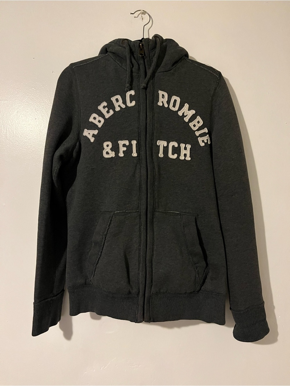 Abercrombie & Fitch Mens Y2K Charcoal Zip Hoodie with Puff Letter logo